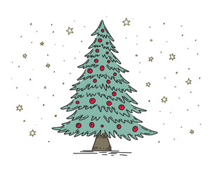 Christmas tree with snow, set on white, hand drawn illustration	
