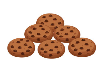 Six chocolate chip cookies are arranged in a triangular stack on a white background