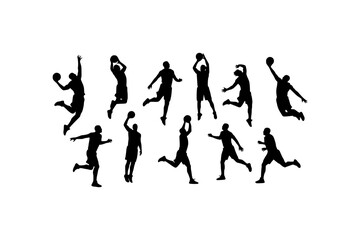Twelve basketball player silhouettes in various action poses perfect for sports designs, basketballthemed projects, and athletic promotions. Great for posters.