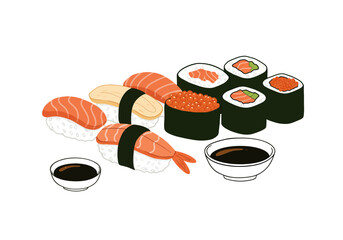 Sushi set featuring nigiri maki rolls soy sauce dishes on a plain white background © dhorido studio