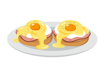 Two eggs benedict sit on a light gray plate covered in yellow sauce and pepper