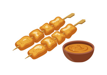 Two skewers of fried tofu with a side of peanut sauce in a brown bowl