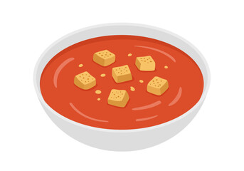 Tomato soup white bowl croutons floating on the surface