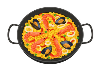 Topdown view of paella in a black pan with handles featuring shrimp mussels and rice