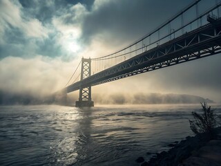 Golden Gate Bridge at sunset, a landmark San Francisco suspension bridge over the bay