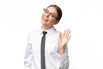 Young business caucasian woman over isolated background saluting with hand with happy expression