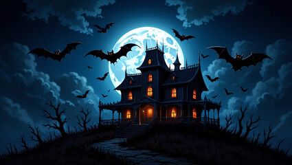 Spooky Haunted House with Bats and Full Moon at Night