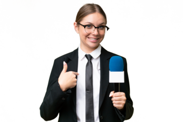 Young TV presenter caucasian woman  over isolated background with surprise facial expression