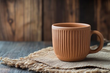 Fototapeta premium Terracotta mug with ribbed texture sits on burlap placemat.