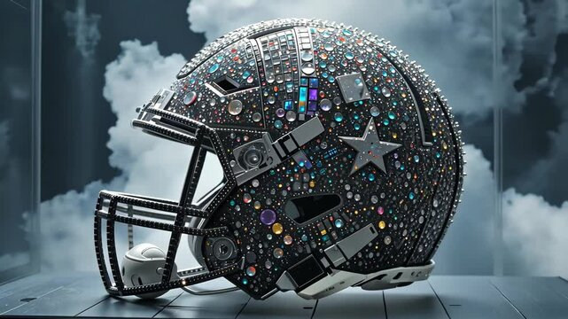 Closeup of american football helmet covered with colorful rhinestones and stars against cloudy sky, concept of sports luxury