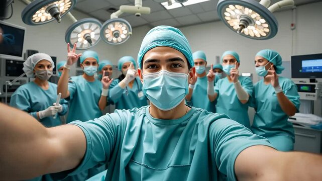 Young male surgeon in medical mask taking selfie with team in bright operating room with lamps and sterile background. Concept of modern healthcare teamwork