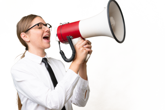 Young business caucasian woman over isolated background shouting through a megaphone