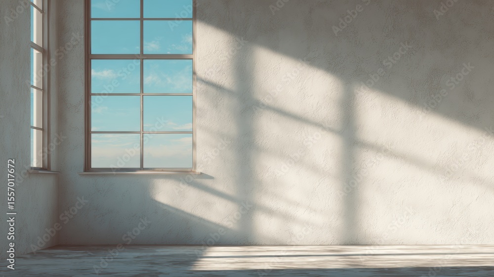 Poster bright and minimalistic interior with large windows casting shadows, creating a serene and open atmo