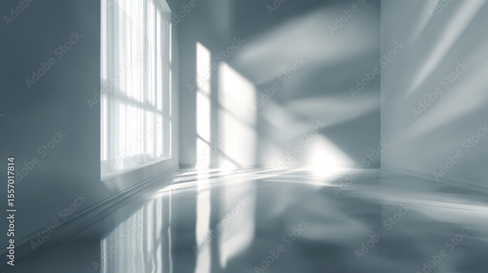 Poster bright and spacious interior with soft light streaming through windows, creating a serene and modern