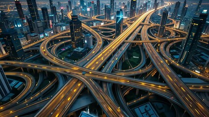 Aerial view of futuristic highway interchange with glowing lights at night in megacity, concept of urban mobility - Powered by Adobe