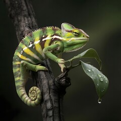 Colorful Chameleon Resting on Tree Branch
