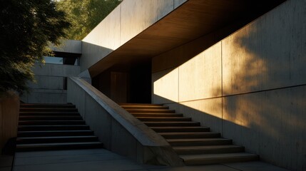 Obraz premium Triangular-profile house in polished concrete copper louvers rim-lit from sun descending behind structure high contrast shadow detail on