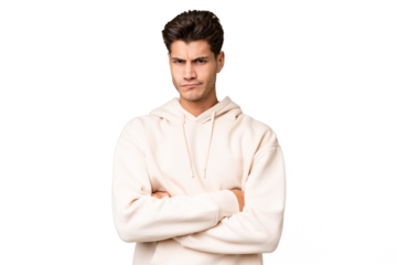 Young caucasian handsome man over isolated background with unhappy expression