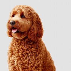 Fototapeta premium A happy labradoodle with fluffy ginger fur shows a playful expression in a high fidelity image against a clean, bright background color tone.