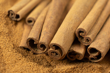 Cassia Cinnamon Sticks and Ground Spice Close-Up