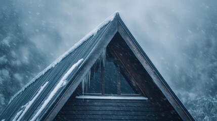 Fototapeta premium Diagonal top-down view of A-frame chalet roof in snowstorm wind-swept motion blur cold tones sharp contrast illumination on