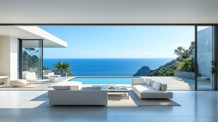 Fototapeta premium Modern Living Room with Large Glass Windows