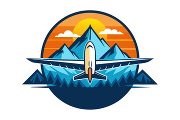 Airplane Soaring Over Majestic Mountains at Sunset Travel Illustration