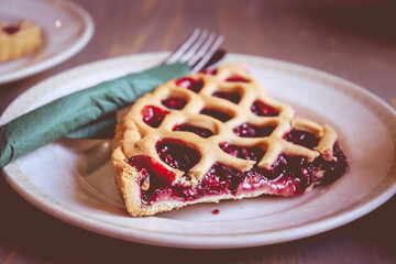 Cherry pie. Cup of tea. Five o'clock. Cafe.