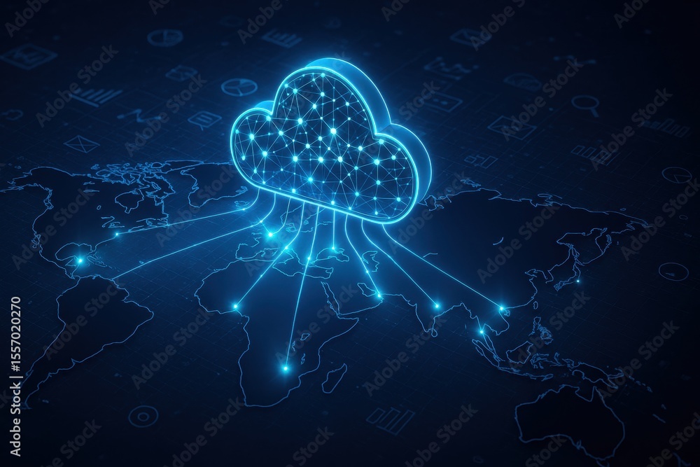 Poster cloud computing innovation: a mesmerizing visualization of the digital cloud connected across the gl