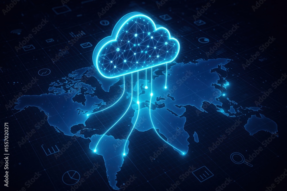  cloud computing: futuristic digital representation of a cloud connected to a world map with data str