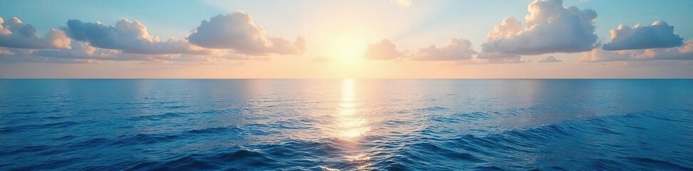 Obraz premium Serene Ocean Horizon Tranquil Seascape at Sunrise, Perfect for Travel, Nature, and Serenity Themes. Ideal Desktop Background and Website Header.