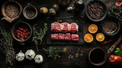 Freshly cut beef, herbs, and citrus fruits arranged on a dark wooden surface.