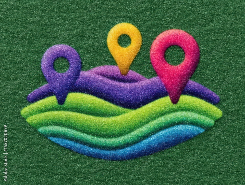 Poster eye-catching layered design featuring colorful map markers against a textured green background symbo