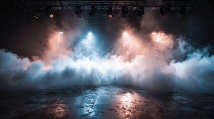 Dynamic smoke effects with colorful lighting create an atmospheric and dramatic stage backdrop for performances.