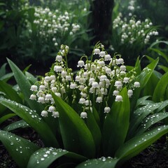 Fototapeta premium Beautiful White flowers Lilly of The Valley in rainy garden. Lily of the valley (Lily-of-the-valley) white small fragrant flowers in green leaves. Convallaria majalis woodland flowering plant.