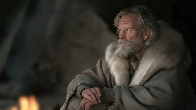 Elderly Viking storyteller by the fire sharing ancient tales