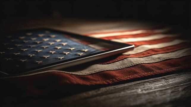 American flag tablet laying elegantly on rustic wooden background displaying a timeless tribute in dark shadowy lighting - Powered by Adobe