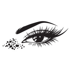 Detailed eye illustration with long eyelashes and freckles in black and white design