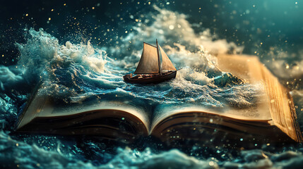 Book with celestial sea tide sweeping tiny boat forward