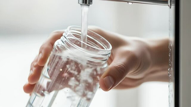Water pouring into a glass bottle