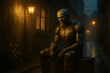 Melancholic robot sits on wooden crate in dimly lit rainy alley, illuminated by warm street lamps, evoking somber mood