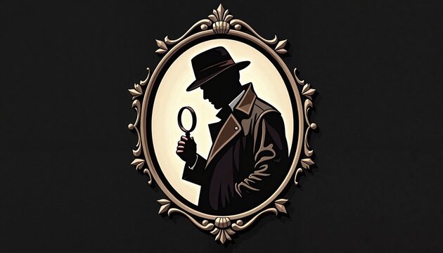 Mysterious Detective Silhouette Examining Clues with Ornate Frame