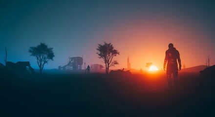 Fototapeta premium Silhouette of a Lone Figure Walking Towards a Vibrant Sunset in a Post-Apocalyptic Landscape