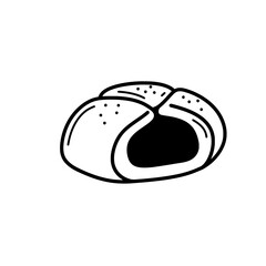 Sweet Bun Doodle: A hand-drawn illustration of a sweet bun, featuring a simple yet charming design. The bun is depicted with a soft, round shape and a visible filling.