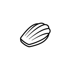 Madeline Cookie Icon: A simple line drawing of a madeleine cookie, showcasing its characteristic shell-like shape and ribbed texture.  Perfect for bakery menus, recipe blogs.
