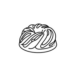 Outline of a Decadent Cake: A simple, elegant black and white illustration of a classic bundt cake, its intricate design hinting at the rich flavors within.