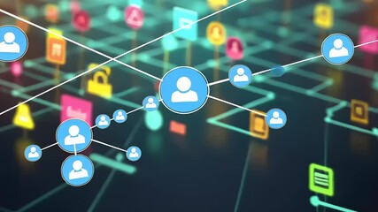 Digital network connections with user icons and various communication symbols in a vibrant background - Powered by Adobe