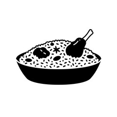 Biryani Bowl Icon: A minimalist illustration showcases a steaming bowl of biryani, a fragrant rice dish, complete with tender meat and aromatic spices, evoking the culinary artistry.