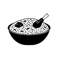 Chicken and Rice Bowl: A delicious and hearty bowl of chicken and rice, perfect for a comforting meal. The simple black and white illustration highlights the textures and flavors of this classic dish.