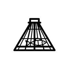 Fishing Trap Icon: A minimalist illustration of a classic fishing trap, capturing a single fish, representing the essence of angling and aquatic pursuits.
